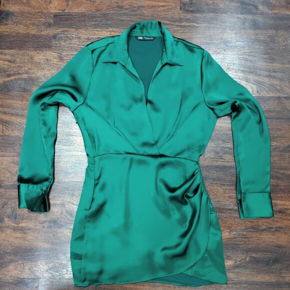Zara Glamour Chic Collared Satin Effect Wrap Mini Dress Green Women's Medium - Picture 6 of 9